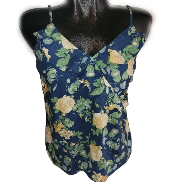 Old Navy Linen Blend Blue Floral Print Ruffled Cami Top M - Picture 2 of 7